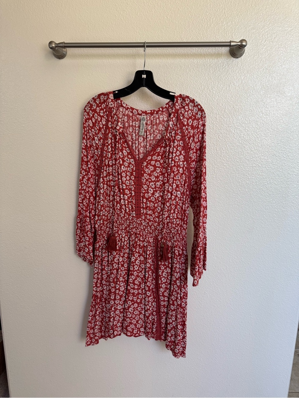 Anthropologie Red Floral Long-Sleeve Tiered Dress